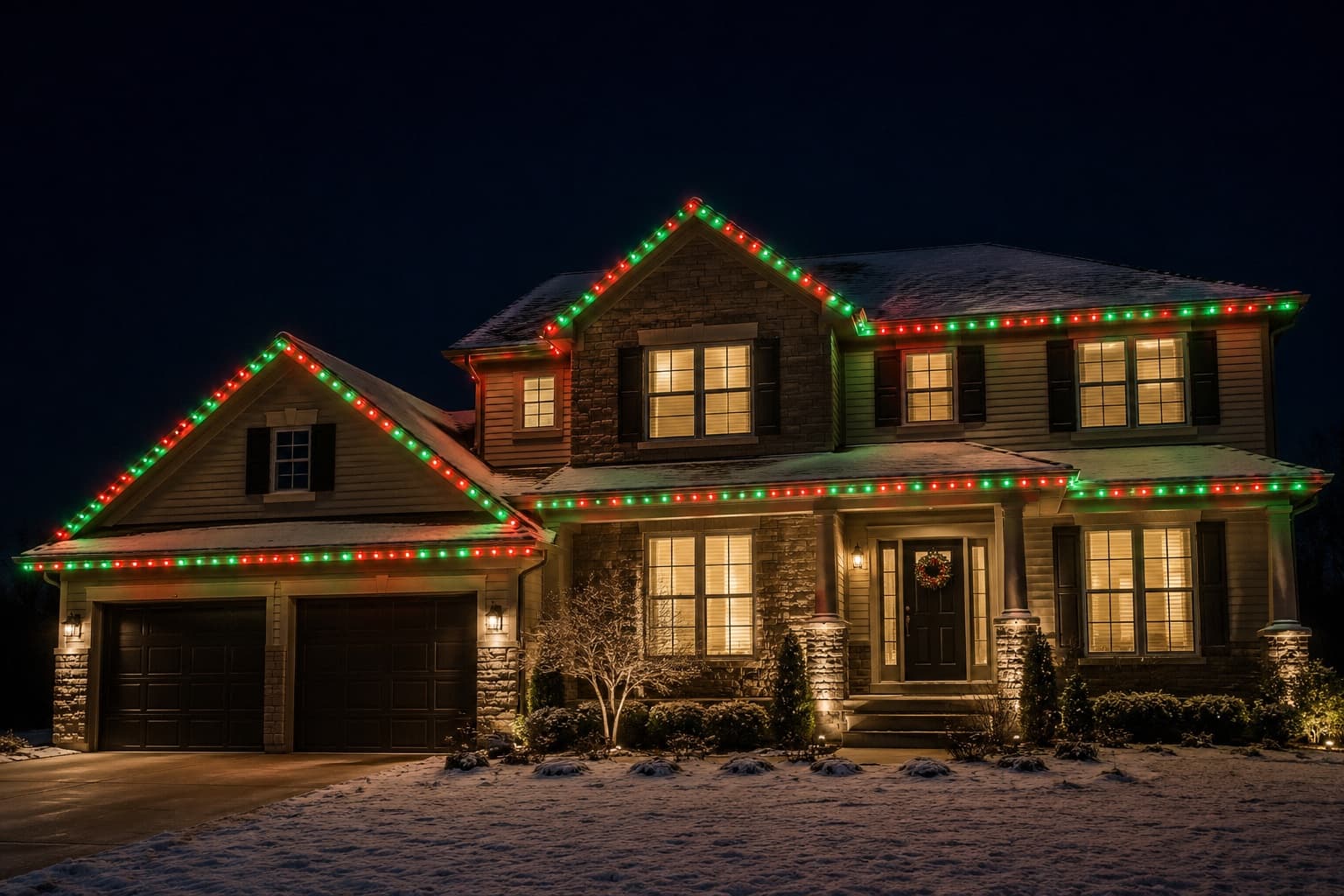 Two-story home with alternating red and green permanent eave lighting at Christmas