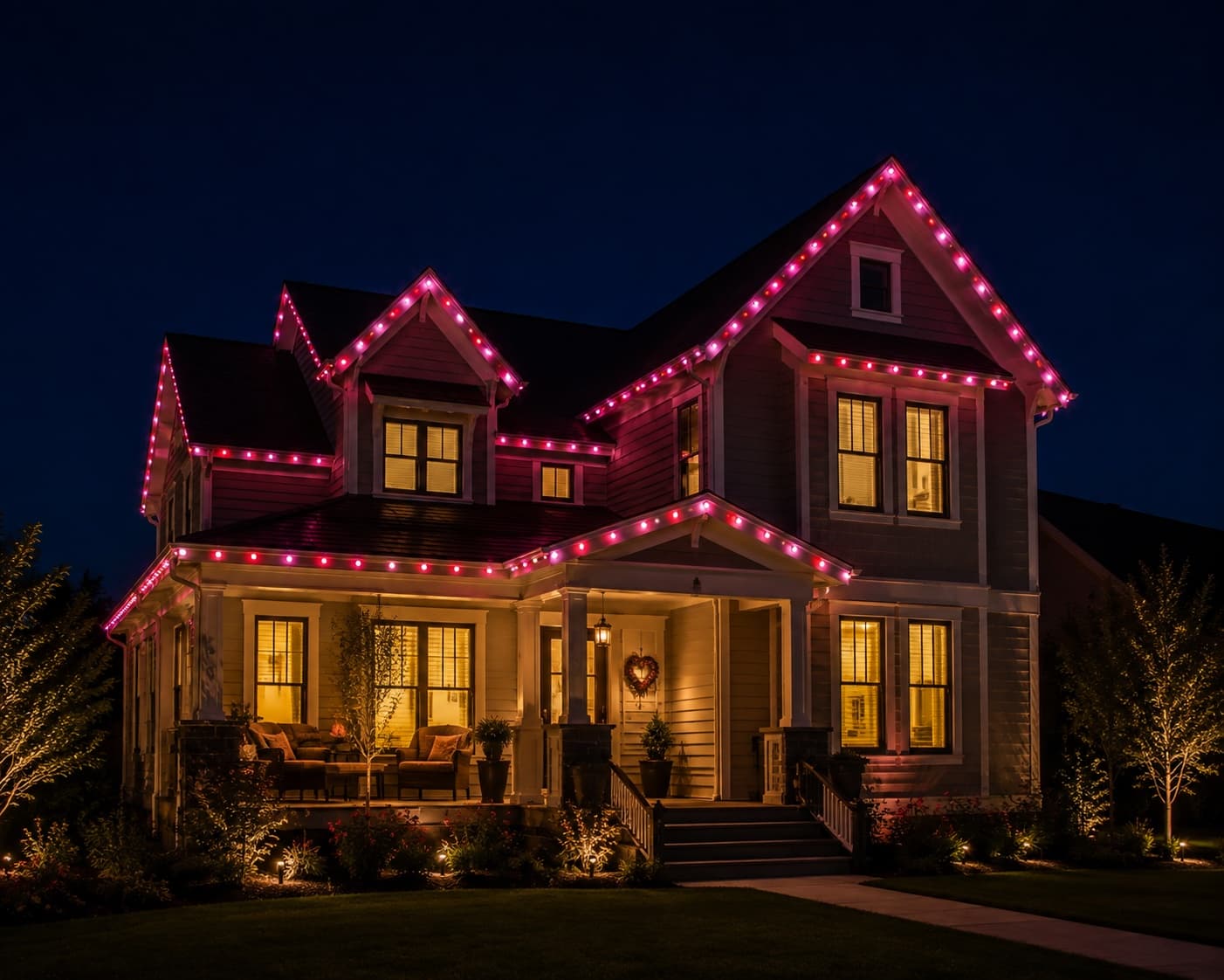 Two-story home with alternating pink and red eave lighting for Valentine's Day
